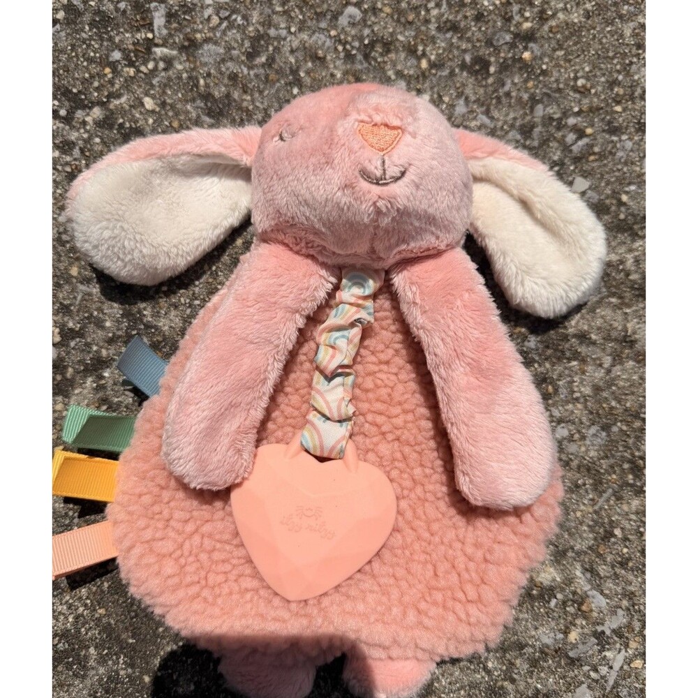 ITZY RITZY Pink Bunny Lovey 9” Plush Toy & Baby Teether Security Blanket Crinkle